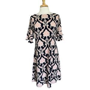 Ronni Nicole Dress Sz 8 Sheath Blue Pink Textured Batik Floral Flutter Sleeve